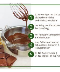 Schokoladenzauber VOLLMILCH – low-carb & keto Schokolade ohne Zuckerzusatz in Pulverform zum Selberschmelzen in 2 min