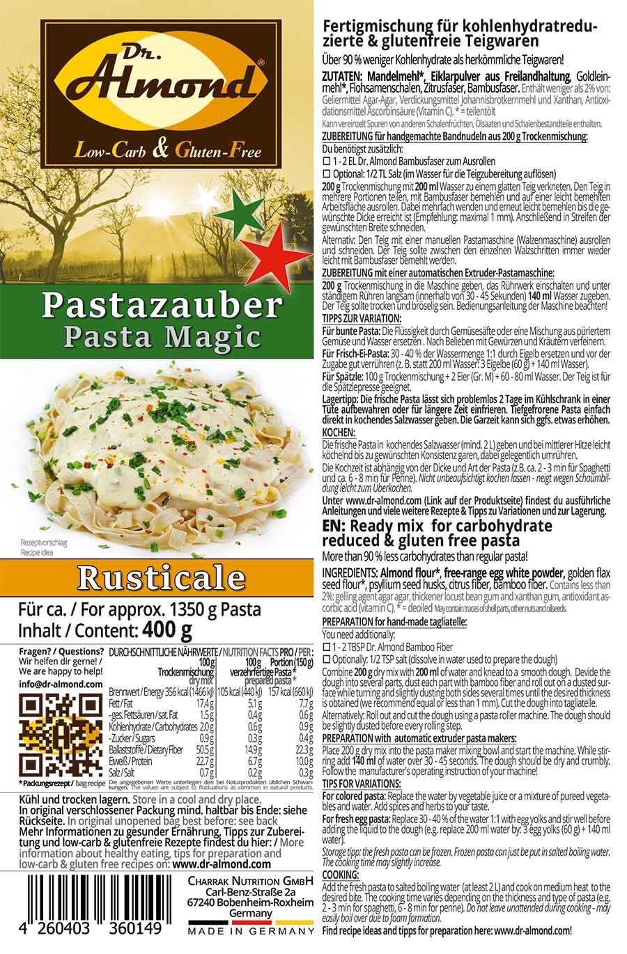 Pastazauber RUSTICALE Pasta Fertigmischung für Nudeln, Spaghetti & Spätzle low carb keto glutenfrei paleo