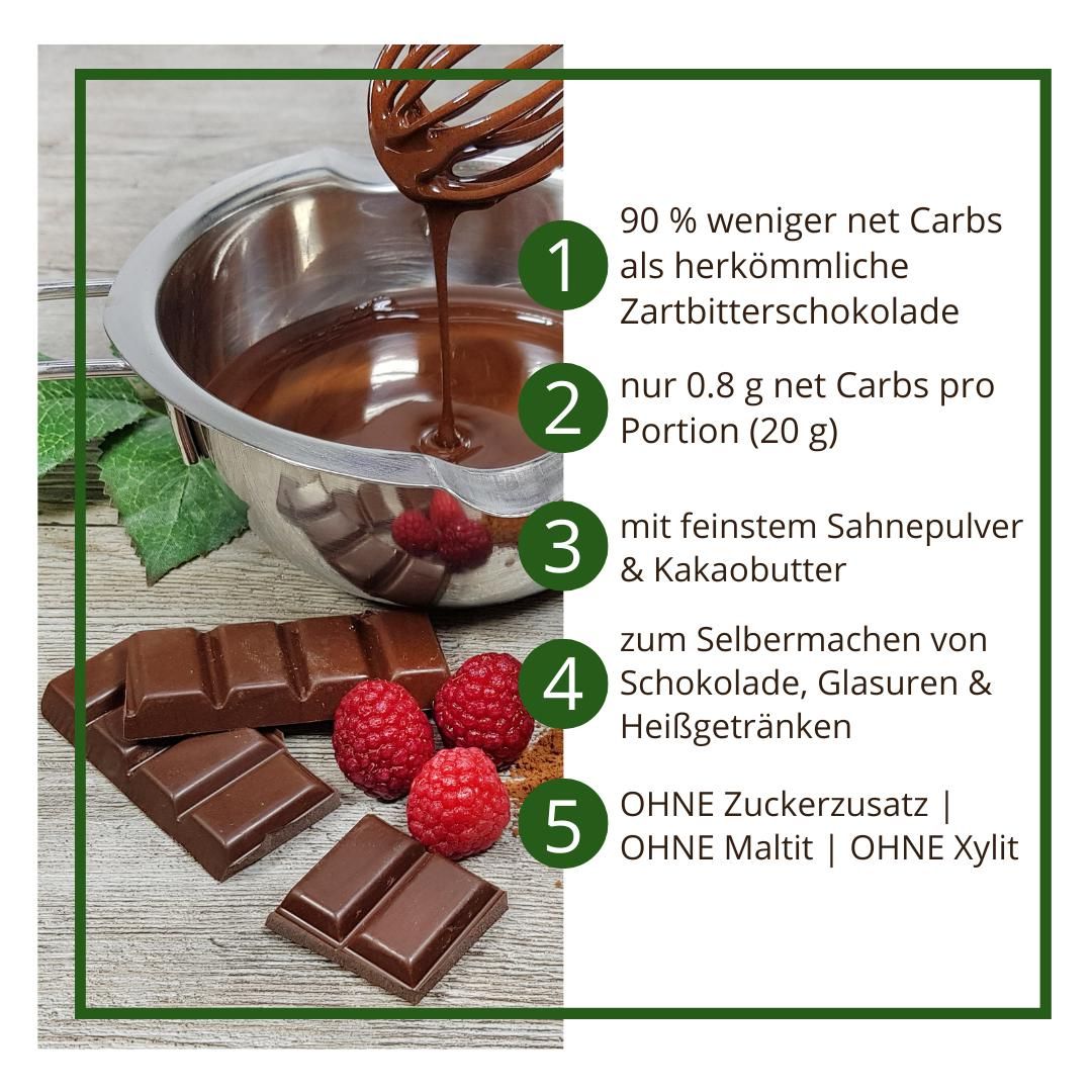 Schokoladenzauber ZARTBITTER – low-carb & keto Schokolade ohne Zuckerzusatz in Pulverform zum Selberschmelzen in 2 min