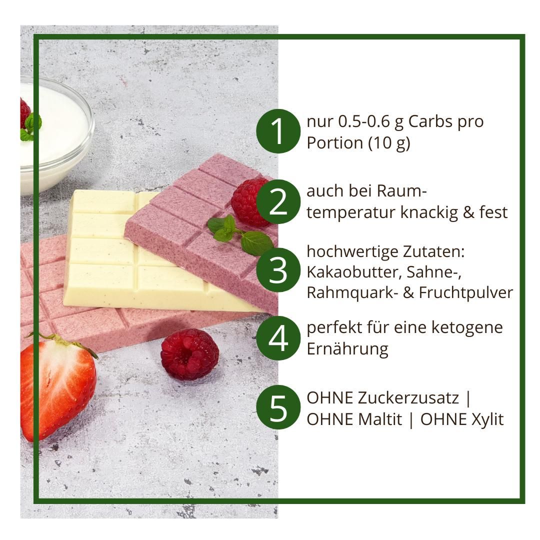 CHOKETO Low Carb & Keto Schokolade MIX-Paket FRUCHTIG & FRISCH – Joghurt-Quark + Erdbeer-Sahne + Himbeer-Joghurt – 3 Tafeln – handgemacht