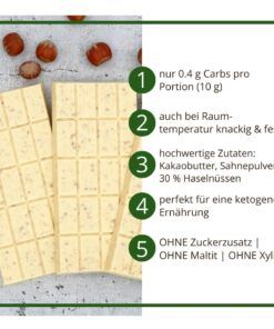 CHOKETO Low Carb & Keto Schokolade WEISSE SAHNE & HASELNUSS – 3 Tafeln – handgemacht – ohne Zuckerzusatz