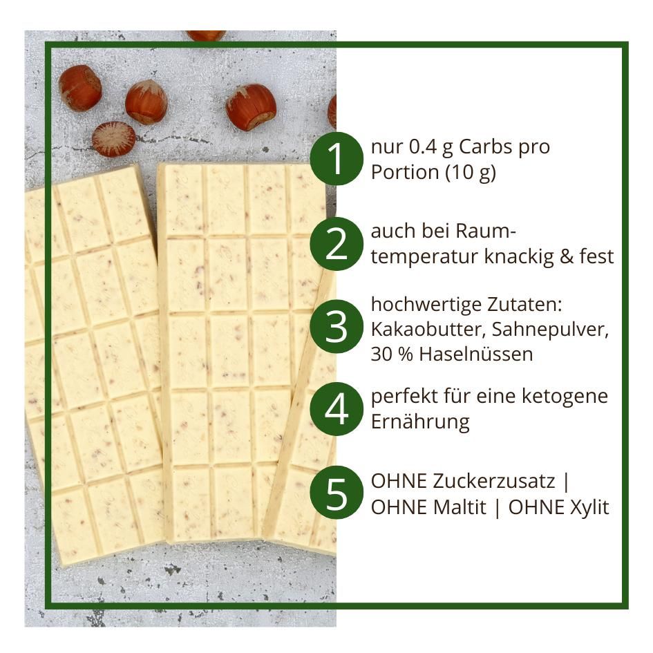CHOKETO Low Carb & Keto Schokolade WEISSE SAHNE & HASELNUSS – 3 Tafeln – handgemacht – ohne Zuckerzusatz
