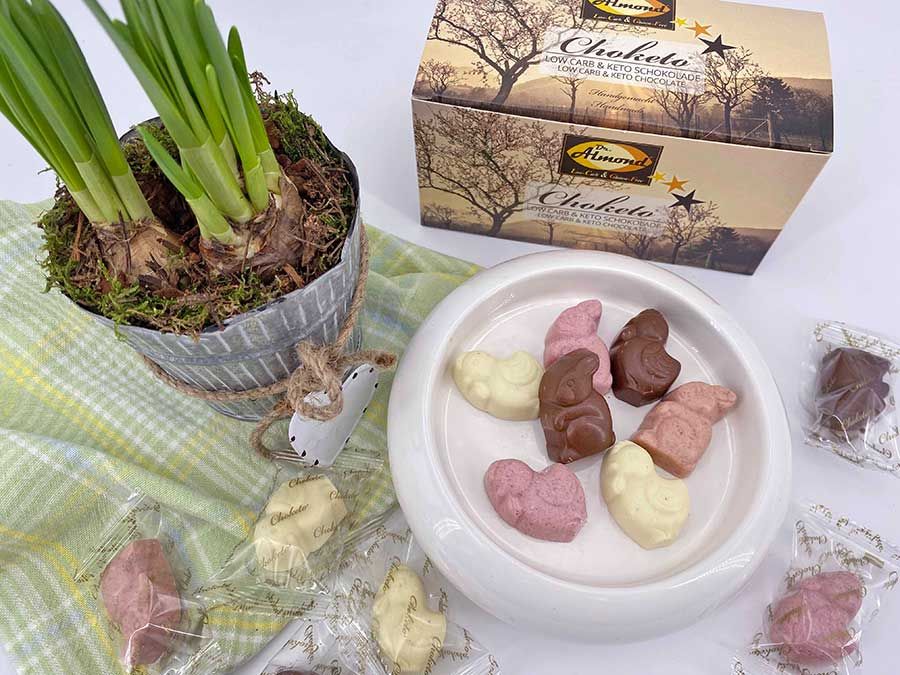 CHOKETO Frühlingsfreunde BUNTER MIX – Low Carb & Keto Schokoladenfiguren – handgemacht