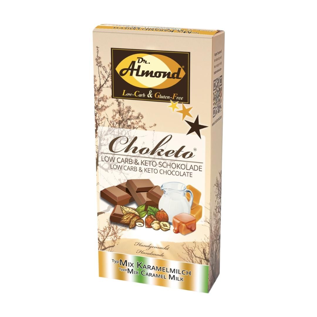 CHOKETO Low Carb & Keto Schokolade MIX KARAMELLMILCH – PUR + MANDEL + HASELNUSS – 3 Tafeln – handgemacht