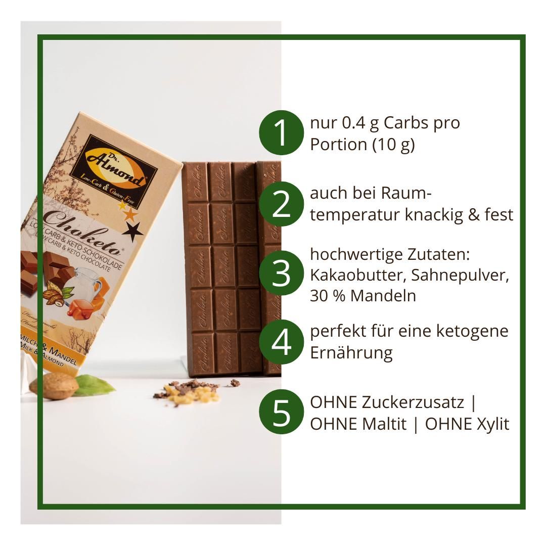 CHOKETO Low Carb & Keto Schokolade KARAMELLMILCH & MANDEL – 3 Tafeln – handgemacht – ohne Zuckerzusatz
