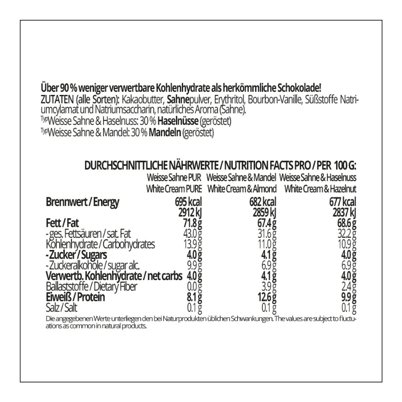 CHOKETO Low Carb & Keto Schokolade MIX WEISSE SAHNE – PUR + MANDEL + HASELNUSS – 3 Tafeln – handgemacht