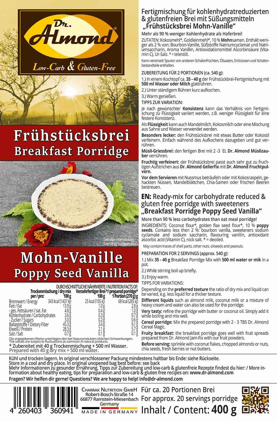 Frühstücksbrei low carb glutenfrei vegan MOHN-VANILLE 400 g