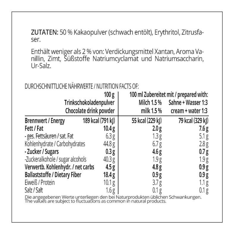 Trinkschokolade CLASSIC - Trinkkakao Kakaopulver low-carb keto glutenfrei sojafrei