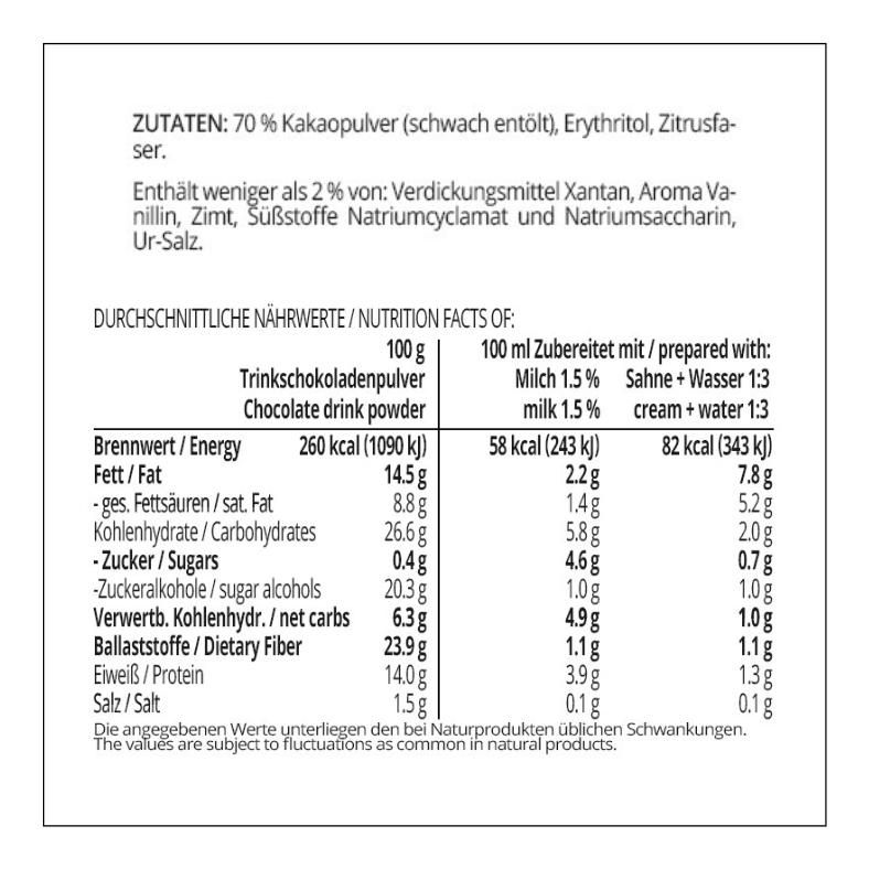 Trinkschokolade KAKAO DELUXE - Trinkkakao Kakaopulver low-carb keto glutenfrei sojafrei