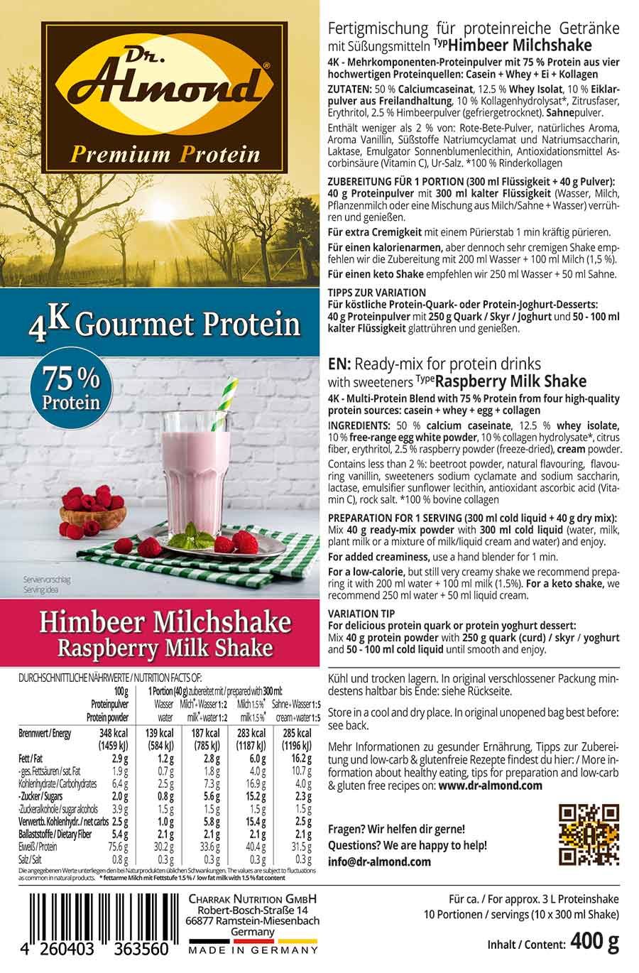 Protein MILCHSHAKE Himbeer Proteinshake Ketoshake Proteinpulver - Etikett